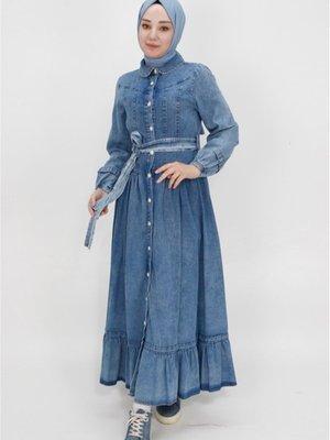 Buz Mavi Düğmeli Ve Kemerli Uzun Boy Kot Kumaş Spor Elbise Buz Mavi Düğmeli Ve Kemerli Uzun Boy Kot Kumaş Spor Elbise