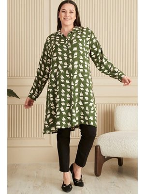 Haki Tesettur Büyük Beden Fırça Desenli Uzun Gömlek Tunik