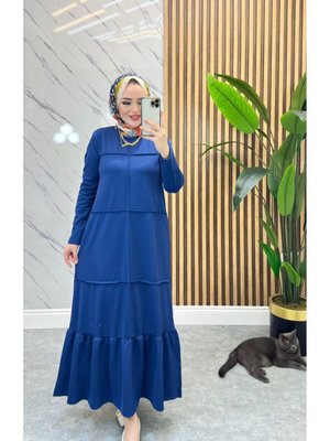 Mavi Nervür Detaylı Elbise