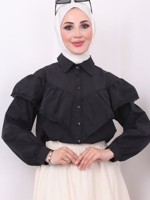 Siyah Ön Katlı Güpürlü Gömlek