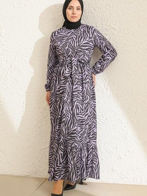 Lila Desenli Kuşaklı Elbise Lila Desenli Kuşaklı Elbise