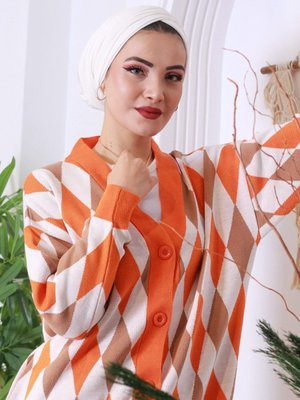 Baklava Desenli Triko Hırka Oranj Baklava Desenli Triko Hırka Oranj