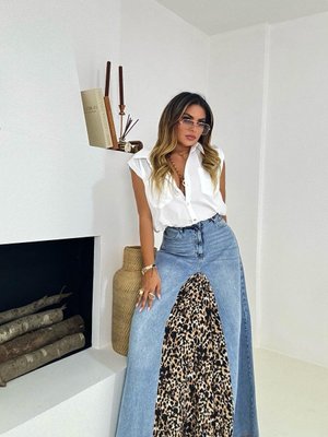 Mavi Leopar Tasarım Çift Yırtmaçlı Maksi Uzun Kot Etek