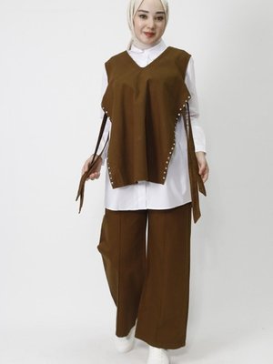 Kahverengi Taş Detaylı Kot Kumaş 3lü Takım Kahverengi Taş Detaylı Kot Kumaş 3lü Takım