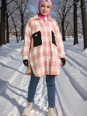 Gül Kurusu Ekose Desenli Kalın Oduncu Kaban