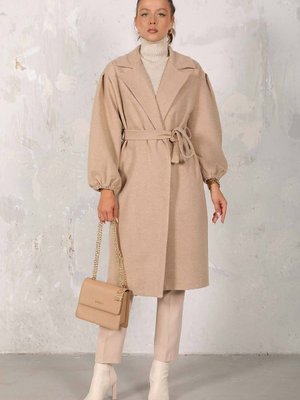 Bej Kuşaklı Balon Kol Kaşe Kaban