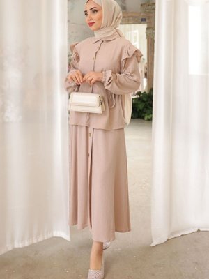 Bej Fırfırlı Kol Bel Detaylı Bluz Etek Bürümcük Takım