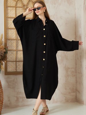 Siyah Yarasa Kol Büyük Bedene E Uygun Gömlek Elbise Keten Karışımlı Tunik Siyah Yarasa Kol Büyük Bedene E Uygun Gömlek Elbise Keten Karışımlı Tunik