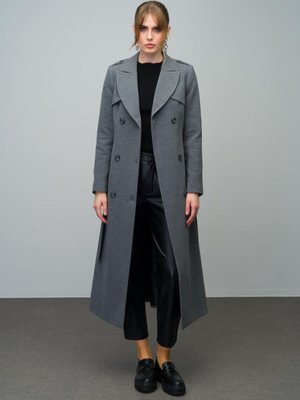 Pelerin Ve Apolet Detaylı Kruvaze Uzun Kaban Gri