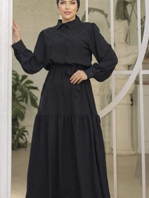 Siyah Kendinden Dokulu Kuşaklı Uzun Balon Kollu Yazlık Aerobin Elbise Siyah Kendinden Dokulu Kuşaklı Uzun Balon Kollu Yazlık Aerobin Elbise