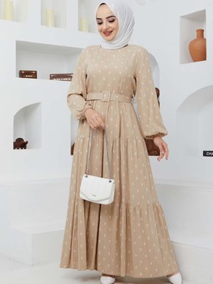 Bej Deniz Viskon Elbise