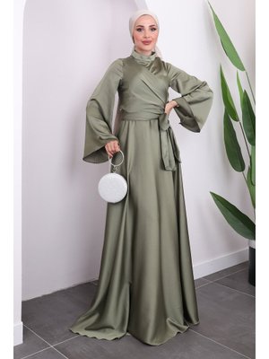 Yağ Yeşili Ön Bağlamlı Kol Volanlı Saten Abiye Elbise