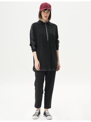 Yarım Fermuar Kapamalı Dik Yaka Rayon Sweatshirt Siyah