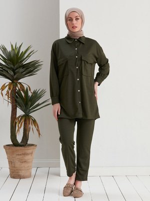 Cepli Düğme Detaylı İkili Takım Haki Cepli Düğme Detaylı İkili Takım Haki