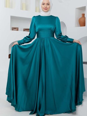Yeşil Başak Saten Abiye Elbise