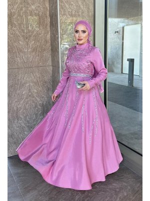 Pembe Karsu Krep Saten Abiye Elbise