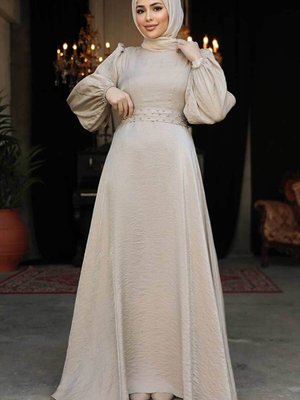 Boncuk Detaylı Vizon Abiye Elbise Boncuk Detaylı Vizon Abiye Elbise