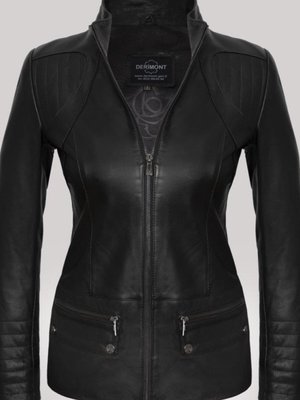 Siyah Hakiki Deri Cep Detaylı İşlemeli Fermuarlı Ceket