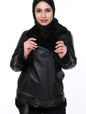 Siyah Hakiki Deri Kürklü Kemerli Ceket