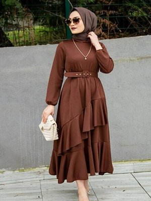 Kahverengi Volan Katlı Özel Gün Elbise Kahverengi Volan Katlı Özel Gün Elbise