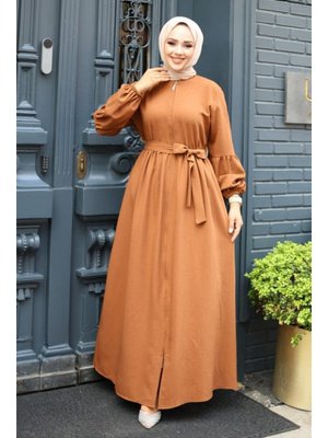 Kahverengi Balon Kol Detaylı Fermuarlı Ferace