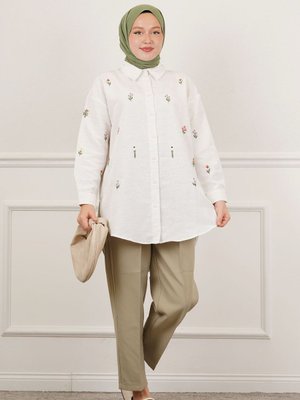 Çiçek İşlemeli Keten Gömlek Çiçek İşlemeli Keten Gömlek