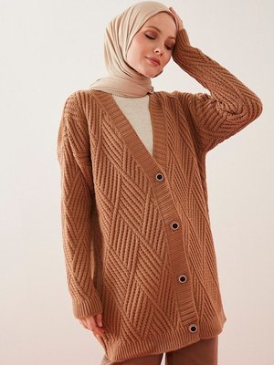 Baklava Desenli Links Örgü Düğmeli Triko Hırka Bisküvi