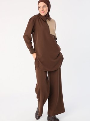 Acı Kahve Iki Renk Sim Detaylı Pantolonlu Takım