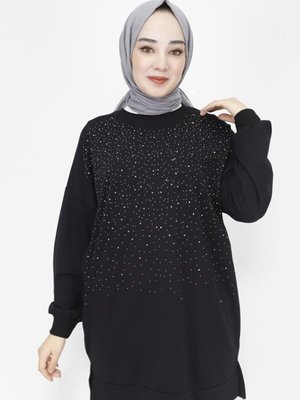 Siyah Taş Baskılı İp Kumaş Sweatshirt Siyah Taş Baskılı İp Kumaş Sweatshirt