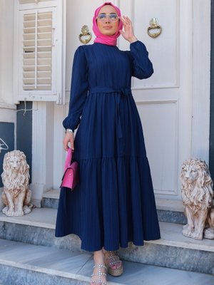 Bel Bağlamalı Balon Kol Elbise Lacivert Bel Bağlamalı Balon Kol Elbise Lacivert