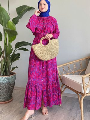 Düğmeli Etnik Kemerli Fuşya Viskon Elbise