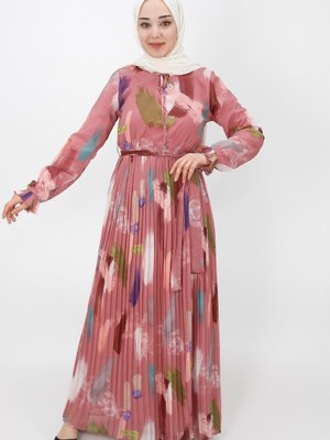 Pudra Eteği Pilise Detaylı Şifon Elbise Pudra Eteği Pilise Detaylı Şifon Elbise