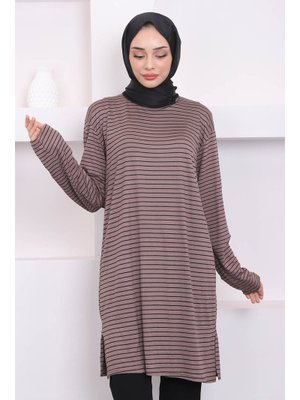 Vizon İnce Çizgili Yırtmaçlı Tunik Vizon İnce Çizgili Yırtmaçlı Tunik