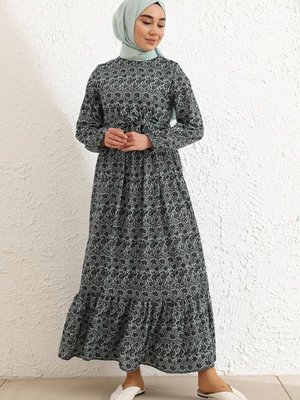Yeşil Siyah Çiçek Desenli Kuşaklı Elbise Yeşil Siyah Çiçek Desenli Kuşaklı Elbise