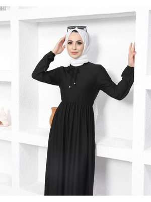 Belden Büzgülü Elbise Siyah