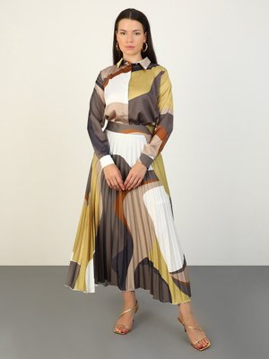 Piliseli Geometrik Desenli Saten Şık Etek Yag Yesili