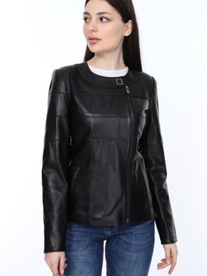 Siyah Hakiki Deri Yuvarlak Yaka Luna Mont