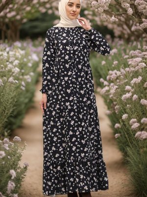 Siyah Çiçek Desenli Viskon Elbise Siyah Çiçek Desenli Viskon Elbise