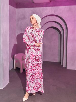 Fuşya Desenli Kemerli Elbise Fuşya Desenli Kemerli Elbise