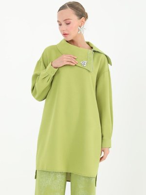 Yağ Yeşili Krep Kumaş Degaje Yaka Yakası Taşlı İkili Takım