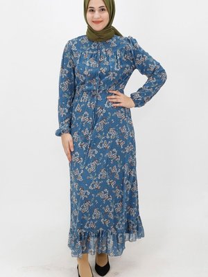 İndigo Çiçek Desenli Şifon Elbise İndigo Çiçek Desenli Şifon Elbise