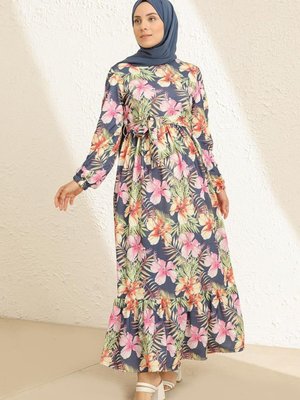 Lacivert Çiçek Desenli Kuşaklı Elbise Lacivert Çiçek Desenli Kuşaklı Elbise