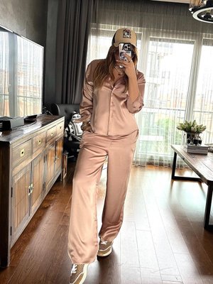 Bej Saten Bağcıklı Bol Paça Pantolon