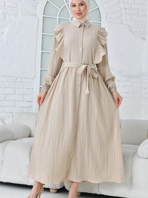 Bej Volanlı Kemerli Dokuma Elbise