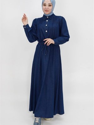 Jeans Beli Bağcıklı Ve Düğmeli Yaka Detaylı Kot Kumaş Spor Elbise Jeans Beli Bağcıklı Ve Düğmeli Yaka Detaylı Kot Kumaş Spor Elbise