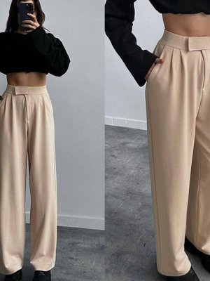 Bej Cırtlı Palazzo Crep Pantolon