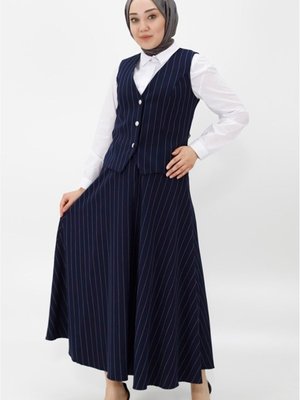 Lacivert Krep Kumaş Yelek Etek Takım