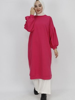 Fuşya İp Kumaş Balon Kol Detaylı Uzun Boy Sweatshirt