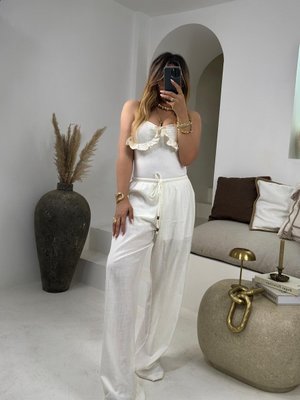 Ekru Ahşap Aksesuar İpli Pamuk Pantolon