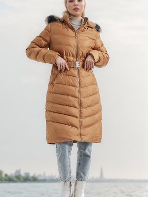 Taba Kürklü Kapüşonlu Kemerli Şişme Mont Taba Kürklü Kapüşonlu Kemerli Şişme Mont